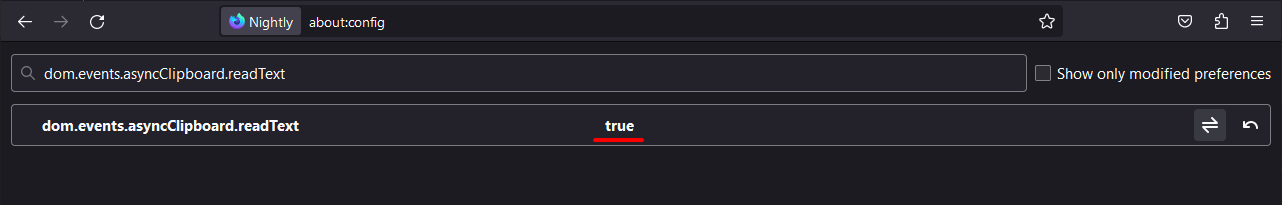 screenshot showing "dom.events.asyncclipboard.readtext" preference on about:config page, this one with "true" text highlighted