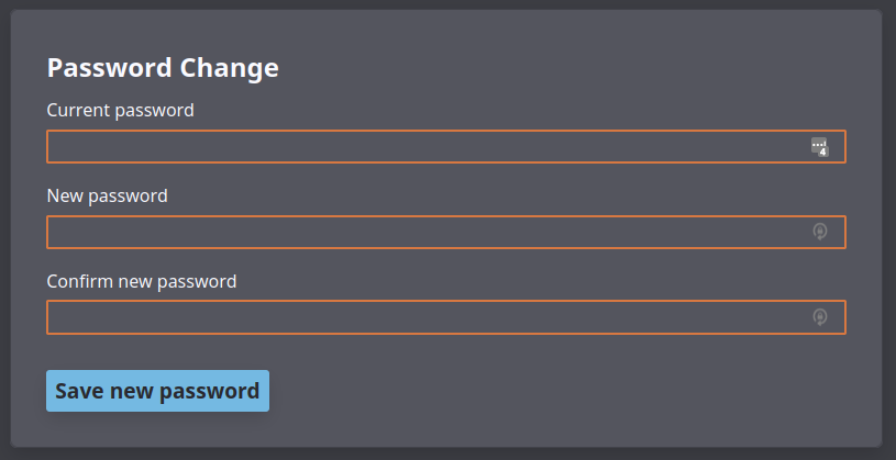 Screenshot of the Password Change section of the User Settings Panel