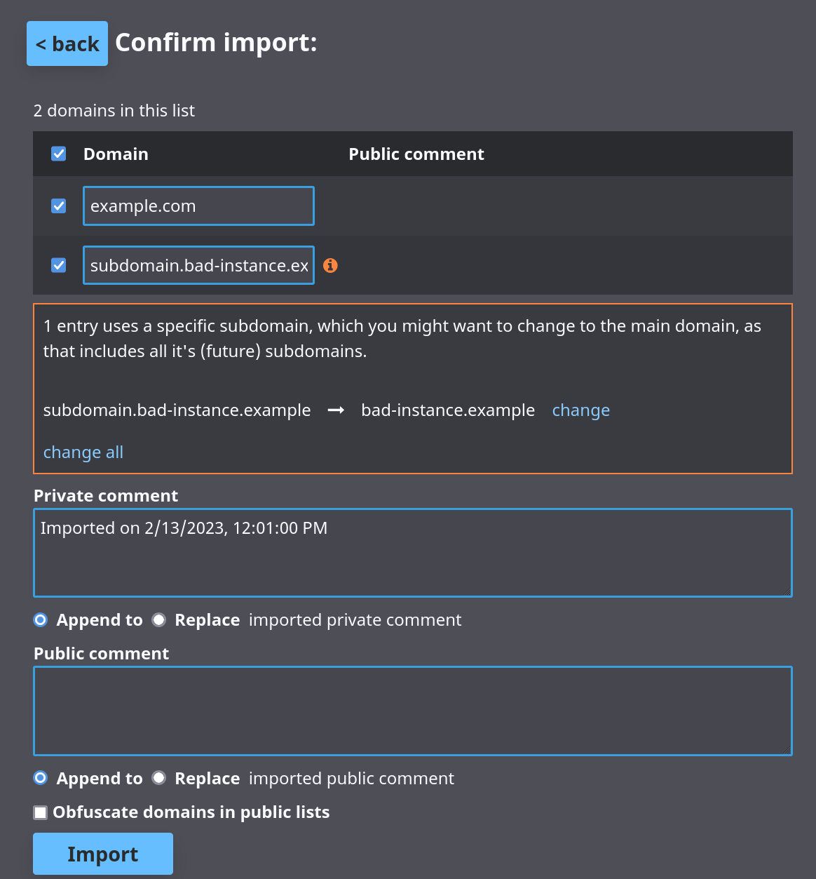 List of domains included in an import, providing ways to select some or all of them, change their domains, and update the use of subdomains.