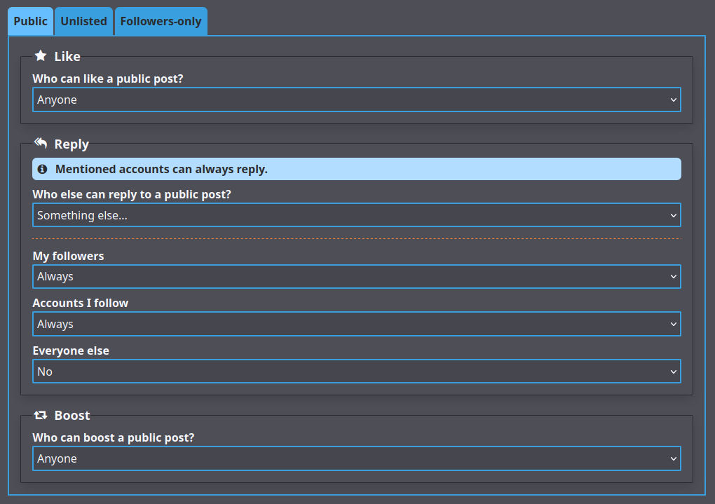 Policy showing "Who can like" = "anyone", "Who can reply" = "followers" and "following", and "Who can boost" = "anyone".