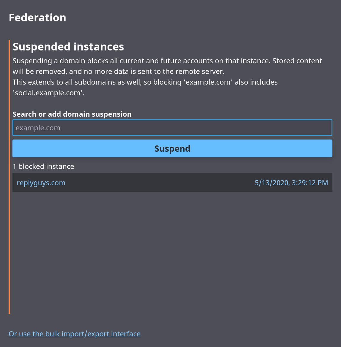 List of suspended instances, with a field to filter/add new blocks. Below is a link to the bulk import/export interface