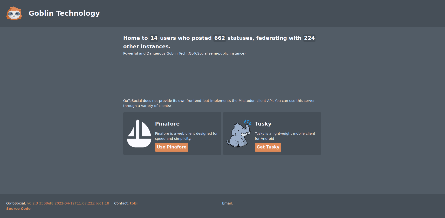 Screenshot of the landing page for the GoToSocial instance goblin.technology. It shows basic information about the instance; number of users and posts etc.